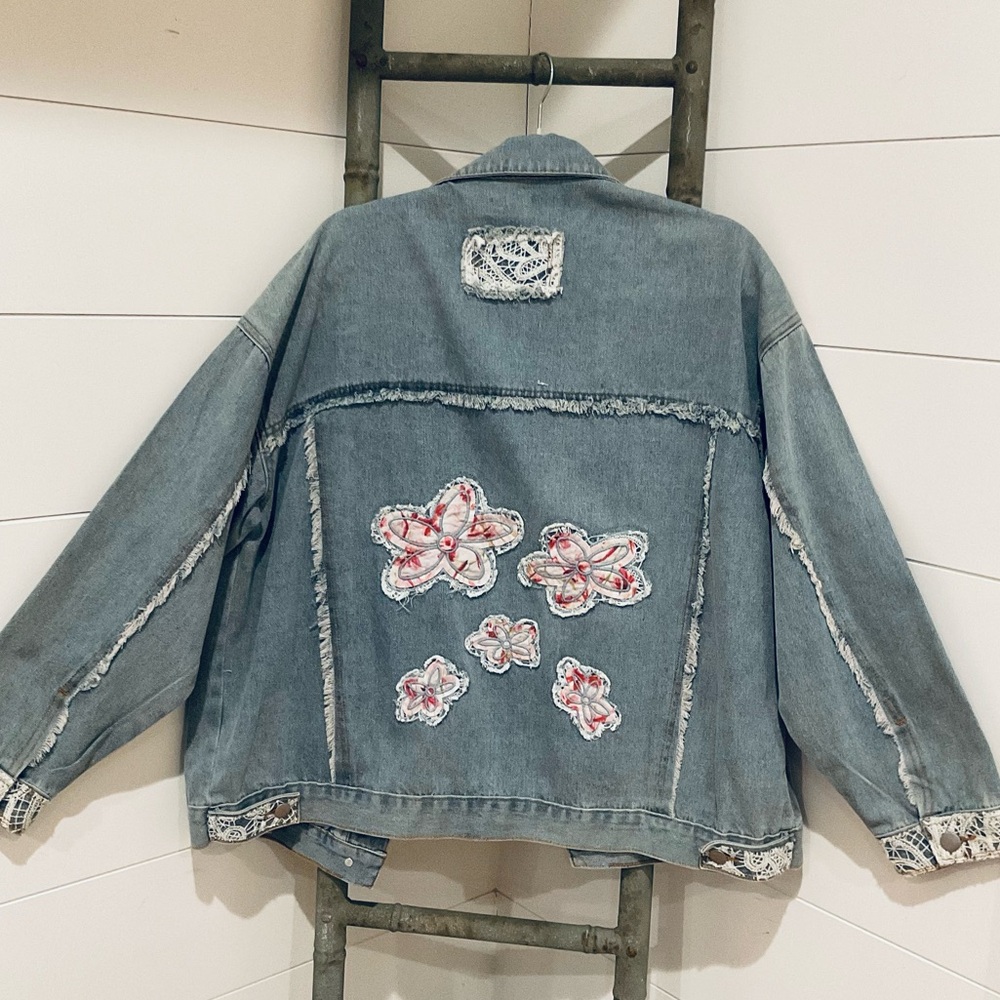 NEW Boho GirLie SPECIAL PRICE : Embroidered Denim Jacket Lace and Floral Accents - Picture 3 of 3